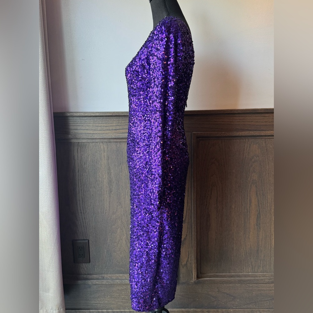 Dress the Population Shimmering sequin Purple Long Sleeve Dress low back nwt M - Picture 4 of 9